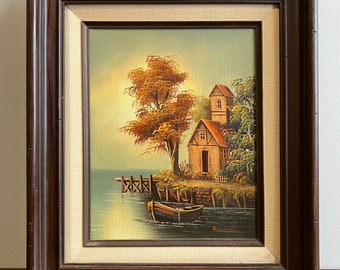 Vintage Herbst Landschaft Ölgemälde: Rustikale Landhaus Szene auf Holzrahmen
