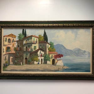 Vintage Seaside Town Painting Signed by Artist