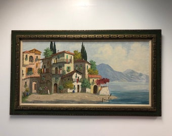 Vintage Seaside Town Painting Signed by Artist