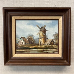 Windmill Oil Painting of a Homestead Scene in Wooden Frame Signed by Artist