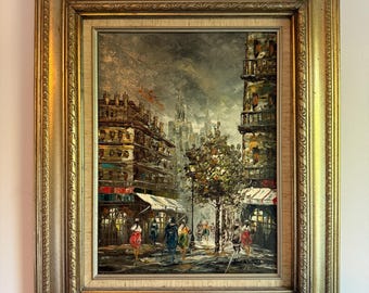 Vintage Straßenszene Ölgemälde Figuren zu Fuß durch Straßen