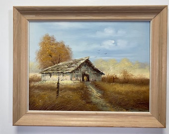 Vintage rústico granero pintura al óleo de una escena de otoño en marco de madera firmado por artista