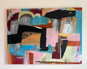 Grand tableau expressionniste abstrait : oeuvres d'art murales colorées techniques mixtes 48 x 36
