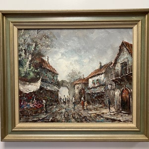 Vintage Impressionist Style Village Market Painting Signed by Artist