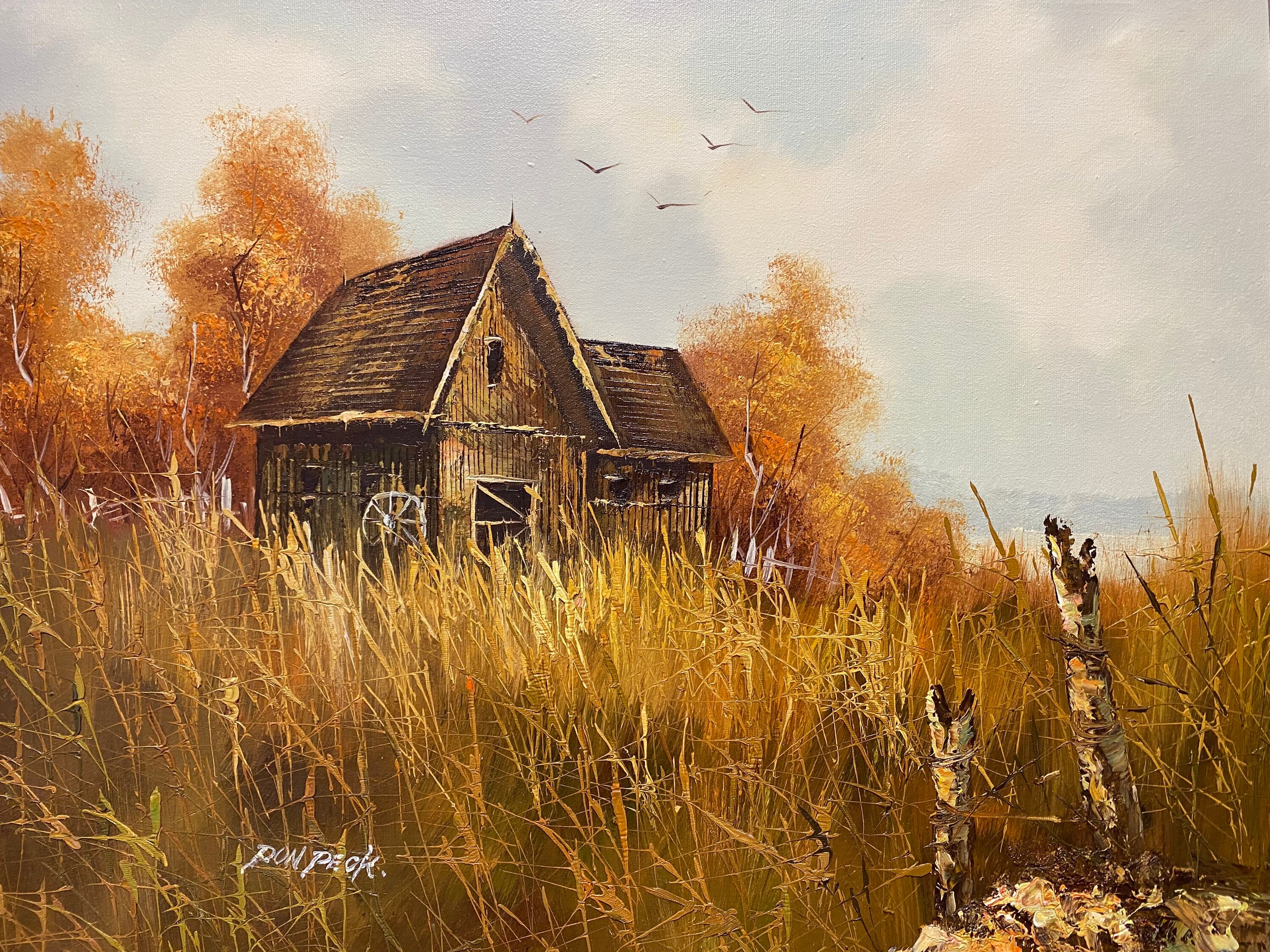 Vintage Rustic Cottage Oil Painting of a Summer Scene in Wooden Frame ...