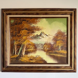 Vintage Landscape Oil Painting of a Mountain Scene in Wooden Frame Signed by Artist