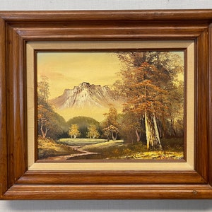 Vintage Landscape Oil Painting of a Mountain Scene in Wooden Frame Signed by Artist