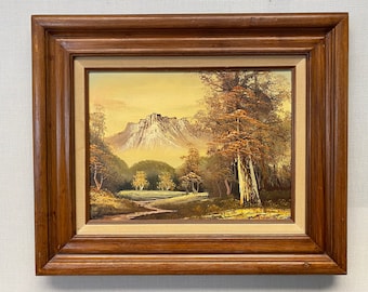 peinture à l’huile de paysage vintage d’une scène de montagne dans le cadre en bois signé par l’artiste