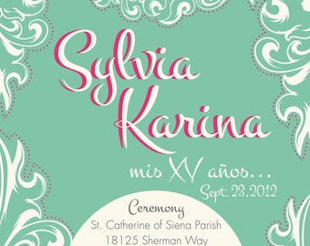 Quinceañera Invitation | Sweet 16 Invitation | Blue-Green and Pink | Digital Download