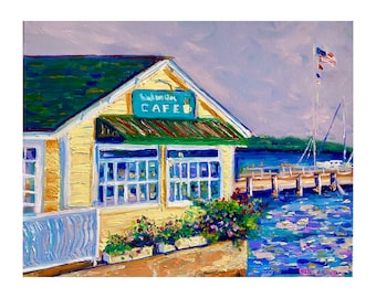 Watercolor cafe painting print mackinac island art impressionist oil michiganart gift