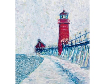 grand haven pier v - winter grand haven lighthouse impressionist christmas michiganart gift