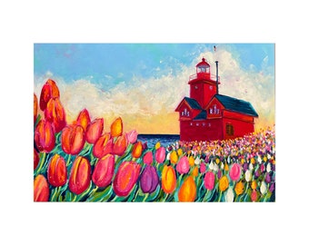 tulip tide - holland michigan, big red, holland lighthouse, tulip time, maximalist painting, michigan art