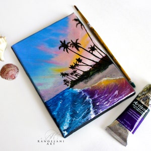 Beach Art - Ocean Art - oil Painting - Sunset - Fine Art - Palm Trees - Small Paintings - Wall Art - Colorful Sunset - Hawaii - California