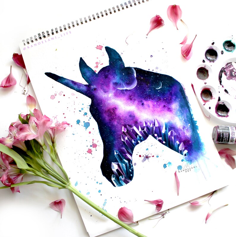 unicorn galaxy art digital print space art water color etsy