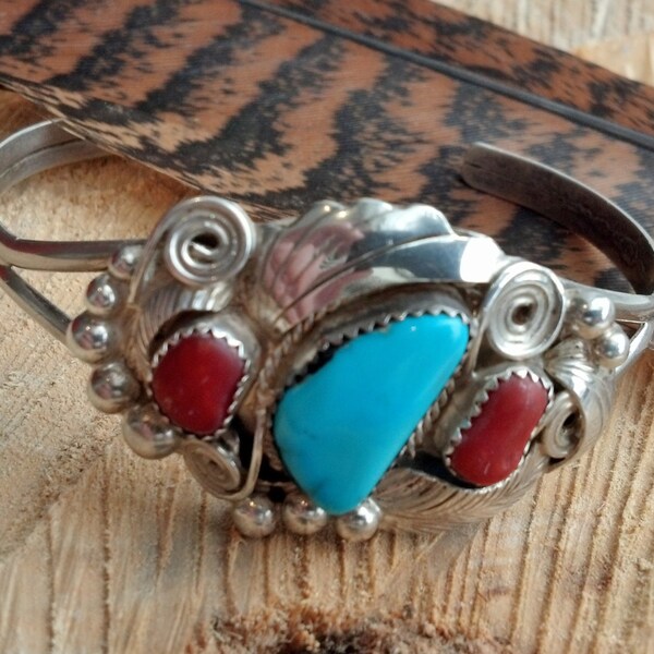 Absolutely Stunning Navajo Turquoise and Coral signed Art Cuff Bracelet ~ Justin Morris