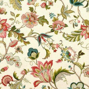 P. Kaufmann Brissac Jewel Fleur de Leaf Lino Rosa Verde Azulado Corte Floral por Metros