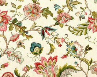 May include: A fabric featuring a repeating botanical pattern on an off-white background. The design includes stylized flowers and leaves in shades of pink, red, olive green, and teal, connected by thin, winding brown vines and delicate stems.