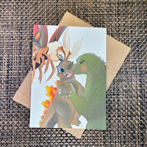 Familieliefde Giant Monster / Handgemaakte wenskaart / Godzilla Fathers Mothers Day / Classic Monster Family / Mothra Moederdag
