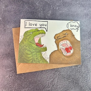 Je vous aime monstres / carte de voeux faite main / cadeau d'anniversaire / carte de fan d'art / carte d'anniversaire / King Kong / Godzilla / monstre classique drôle