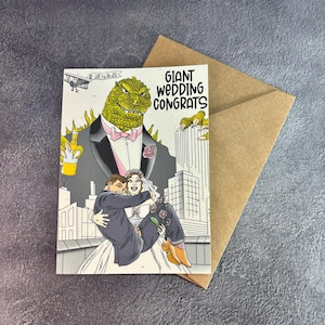 Félicitations géantes pour mariage sur le toit / Carte de voeux faite main / Mariage monstre classique / Félicitations Godzilla Marié / Faire-part de mariage