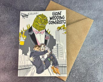 Gigantische bruiloft op het dak gefeliciteerd/handgemaakte wenskaart/klassieke monsterbruiloft/Godzilla gefeliciteerd getrouwd/huwelijksuitnodiging