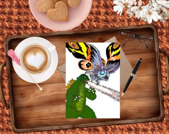Classic Fighting Monsters Godzilla and Mothra Team: Handmade Greeting Card