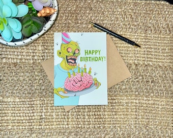 Zombie Birthday Bash / Handmade Greeting Card/ Zombie Gift/ Brains Birthday Cake/ Funny Zombie Apocalypse