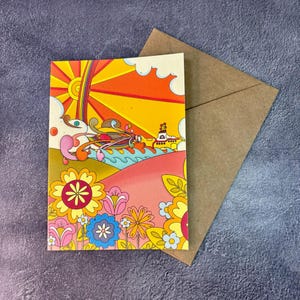 Submarino amarillo de estilo pop retro / Tarjeta de felicitación hecha a mano / Amor hippie / Simplemente porque sí / Tarjeta de cumpleaños / Tarjeta de estilo retro de los años 70