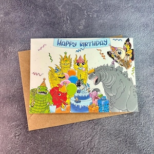 Fête d'anniversaire fracassante Godzilla / Carte de voeux faite main / Monstre classique / Carte d'anniversaire / Godzilla drôle / Mothra
