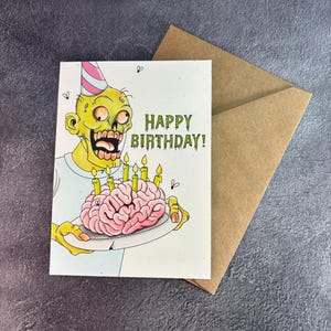 Fête d'anniversaire zombie / carte de voeux faite main / cadeau zombie / gâteau d'anniversaire cerveaux / apocalypse zombie drôle