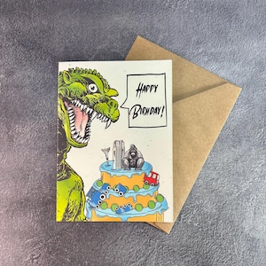 Party Monster Smashing Birthday Cake / Handgemachte Grußkarte / Klassisches Monster Geburtstag / Lustige Godzilla Party / Godzilla Geburtstagseinladung