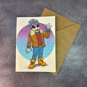 Lustiger Alien Bewohner / handgemachte Grußkarte / Geburtstagskarte / Geburtstagsgeschenk / Alien UFO Fan Art Karte / Weltraum-Alien