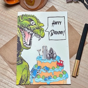 Smashing Monster Godzilla Birthday Cake: Handmade Birthday Greeting Card