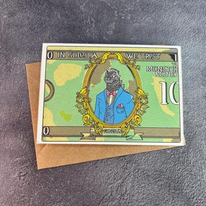 En Godzilla confiamos / Tarjeta de felicitación hecha a mano / Familia divertida / Tarjeta de cumpleaños / Regalo de fan art / Tarjeta de aniversario / Amor / Dinero de Godzilla