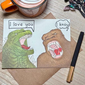 Classic Monster Duo: Godzilla and King Kong Fan Handmade Greeting Card