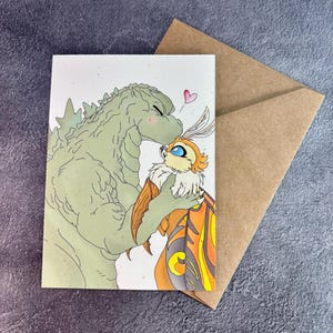 Monstres amoureux classiques / Carte de voeux faite main / Godzilla et Mothra / Carte de vœux / Anniversaire / Anniversaire / Godzilla Love Mothra