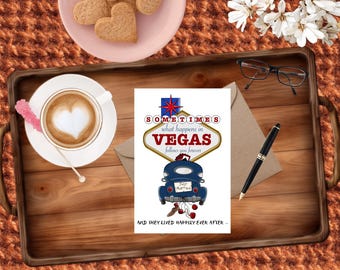 Las Vegas Married Vintage Car: Handmade Wedding Greeting Card