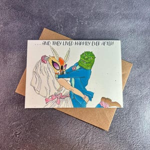 Monster lebten glücklich bis ans Ende ihrer Tage / handgemachte Grußkarte / lustiges Hochzeitsgeschenk / klassische Monsterhochzeit / Godzilla Glückwunschkarte