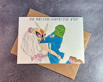 Monsters leefden nog lang en gelukkig / Handgemaakte wenskaart / grappig huwelijkscadeau / Klassiek monsterhuwelijk / Godzilla Gefeliciteerd getrouwd