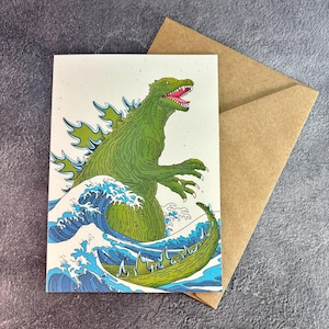 Monstro do Oceano / Cartão de felicitações feito à mão / Cartão de aniversário do monstro / Arte clássica dos fãs do monstro / Cartão de aniversário / Godzilla Ocean / Holiday Zilla