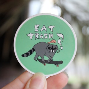 eat trash skateboarding raccoon 2 circle vinyl sticker image 1