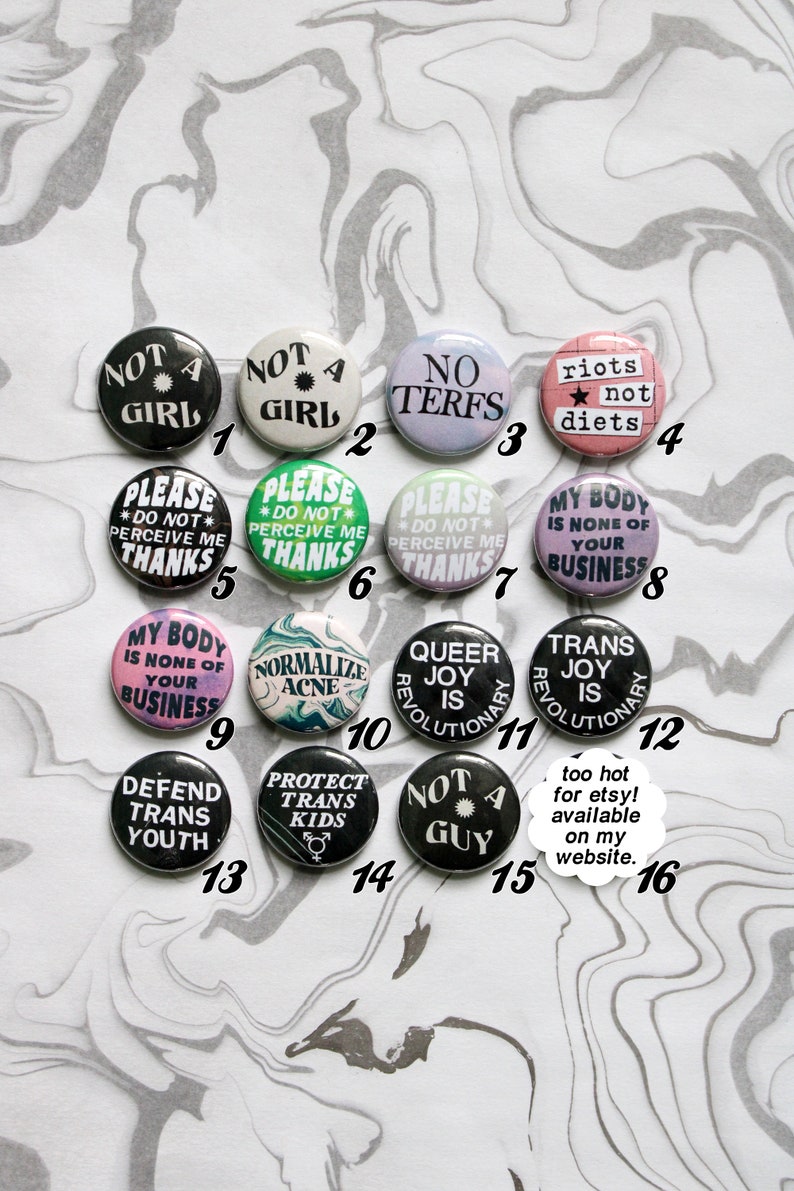 SMALL 1 inch pin-back buttons punk, queer, lgbtqia, body positive, trans, nonbinary image 2