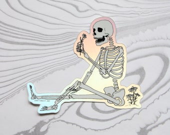 skeleton picking flowers | vinyl sticker 3x2.5"