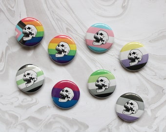 SMALL custom pride flag 1" inch pin-back buttons | queer, lgbtqia+, punk, skull