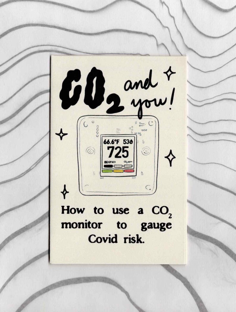 May include: A rectangular card featuring a black ink illustration of a CO2 monitor displaying 66.6&deg;F and 725 ppm. The text reads CO2 and you! How to use a CO2 monitor to gauge Covid risk. The design includes small star icons on a cream-colored background.