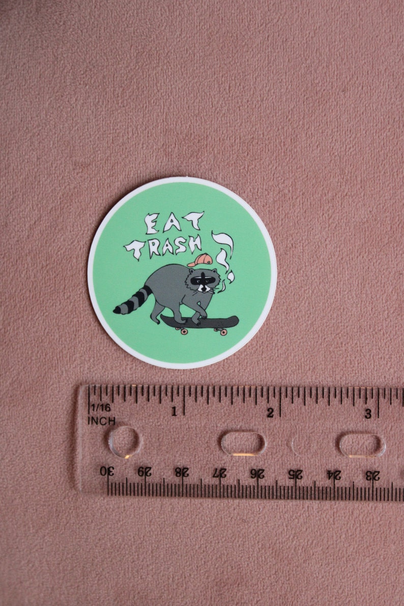 eat trash skateboarding raccoon 2 circle vinyl sticker image 2