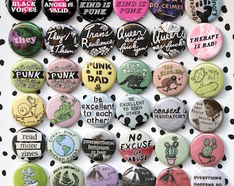 SMALL 1" inch pin-back buttons | activism, punk, queer, lgbtqia+, feminist, radical