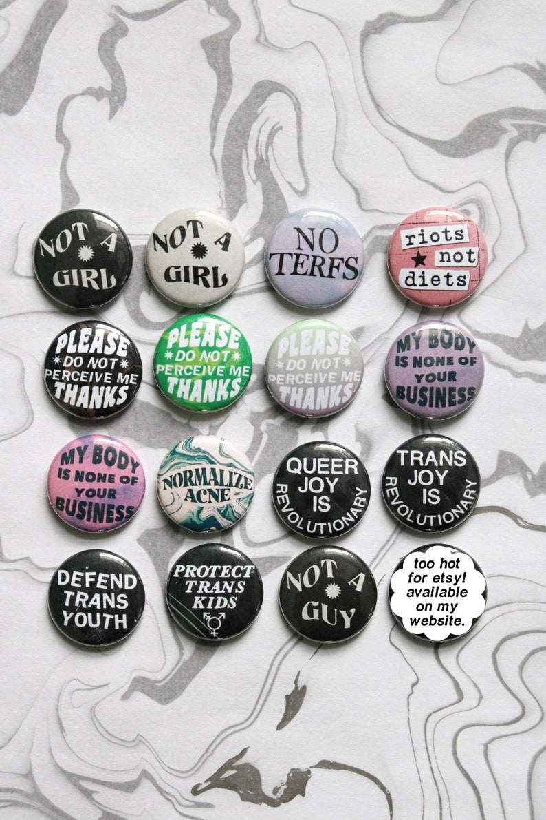 SMALL 1 inch pin-back buttons punk, queer, lgbtqia, body positive, trans, nonbinary image 1
