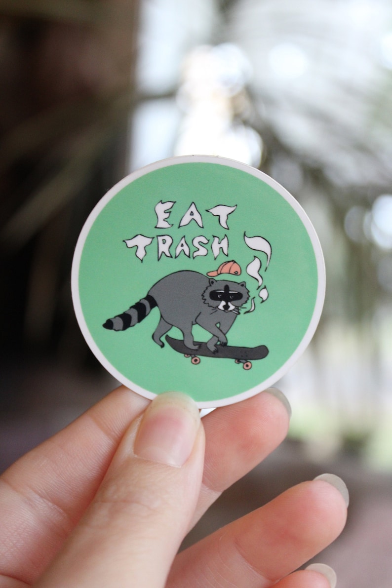 eat trash skateboarding raccoon 2 circle vinyl sticker image 1