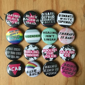 SMALL 1" inch pin-back buttons | activism, punk, queer, lgbtqia+, police abolition, anti-racist